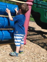 toddler Boy in Strip Free One-Piece Giraffe Romper with a Back Zipper in Blue/White side picture taken