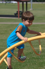toddler boy in blue/brown romper with back zipper side picture taken