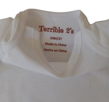 White toddler body suit in sizes 2T, 3T, 4T  and 5T