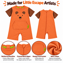 An orange short-sleeve baby romper shown front and back on a white background, with text reading 'Made for Little Escape Artists' and four circular detail callouts highlighting a reinforced neckline, covered back zipper, handy front pocket, and 100% cotton fabric.
