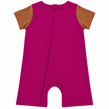 A baby romper in magenta pink with contrasting tan short sleeves, shown from the back on a white background.
