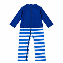 A baby long-sleeve zip-up footless one-piece jumpsuit with a solid royal blue top and blue and white horizontal striped legs, shown against a plain white background.