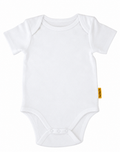 A white short-sleeve baby bodysuit with three-button crotch closure and a small yellow tag on the side, shown flat on a white background.
