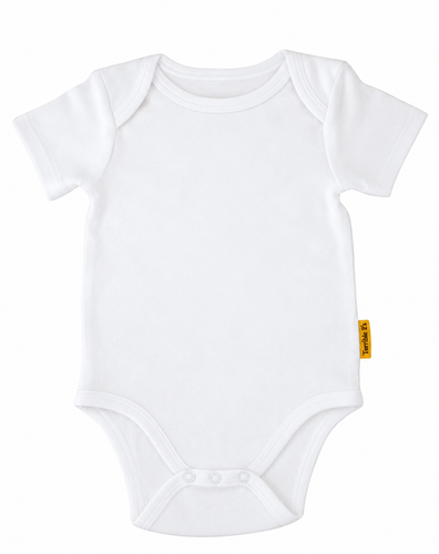 A white short-sleeve baby bodysuit with three-button crotch closure and a small yellow tag on the side, shown flat on a white background.