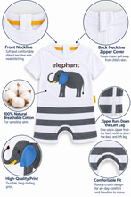 White baby romper with a gray and blue elephant graphic, shown with labeled detail callouts for the neckline, zipper, cotton fabric, print quality, and fit on a light gray background.