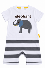 A baby short-sleeve romper with a white top half, dark gray and white horizontal stripes on the bottom half, and a graphic of a gray elephant with a blue ear and yellow trunk on the chest. The word 'elephant' is printed above the elephant.