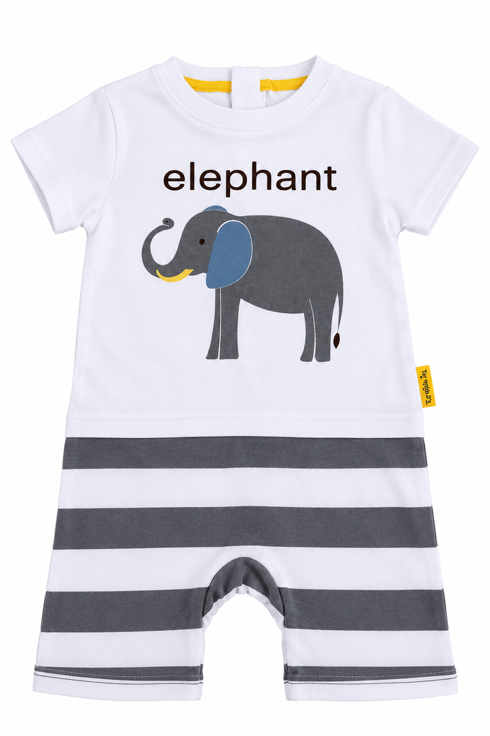 A baby short-sleeve romper with a white top half, dark gray and white horizontal stripes on the bottom half, and a graphic of a gray elephant with a blue ear and yellow trunk on the chest. The word 'elephant' is printed above the elephant.