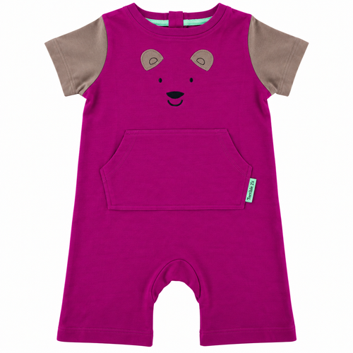 A baby short-sleeve romper in magenta pink with tan sleeves and a bear face graphic on the chest, shown flat on a white background.