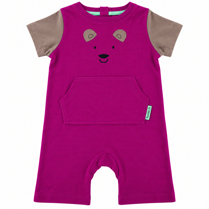 A baby short-sleeve romper in magenta pink with tan sleeves and a bear face graphic on the chest, shown flat on a white background.