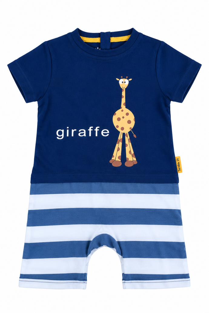 A baby short-sleeve romper in navy blue and white, featuring a cartoon giraffe graphic and the word 'giraffe' printed on the chest, with a small yellow brand tag on the side.