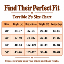 A size chart graphic titled 'Find Their Perfect Fit' and 'Terrible 2's Size Chart' with a table showing height and weight ranges for sizes 2T through 5T.