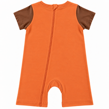 An orange baby jumpsuit with brown short sleeves, shown from the back on a white background.