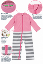 Pink and gray striped baby jumpsuit with a full zipper, shown on a white background with callout circles and text highlighting features like the non-stretch cotton neck ribbon, zipper protection, cotton interlock fabric, and left leg zipper.