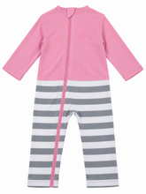 A baby long-sleeve footless one-piece jumpsuit with a pink upper body and gray and white horizontal striped legs, featuring a full-length pink zipper.