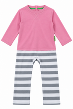 A baby two-piece outfit featuring a long-sleeve pink top and gray and white striped pants, shown flat on a white background.