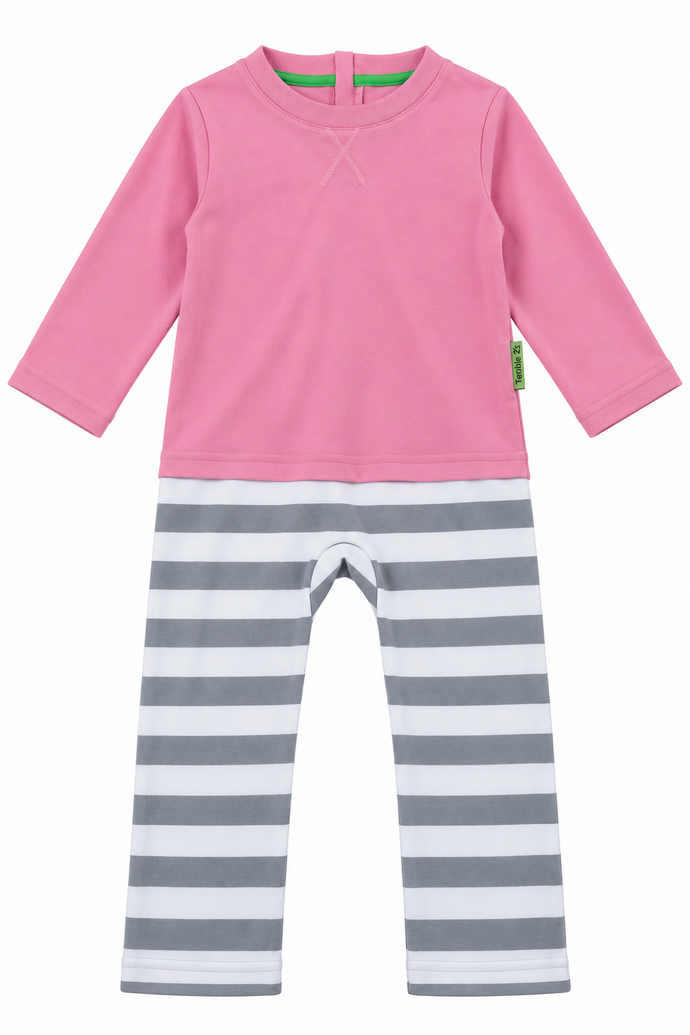 A baby two-piece outfit featuring a long-sleeve pink top and gray and white striped pants, shown flat on a white background.