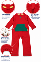 A red one-piece baby romper with a green front pocket, shown on a white background with four circular callout details and text labels explaining features like the front neckline, back neckline zipper cover, breathable cotton, and comfortable fit.
