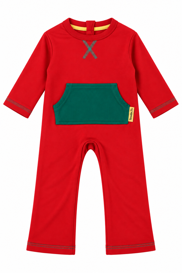 A red long-sleeve baby jumpsuit with a green front pocket, a gray X-shaped detail on the chest, and a small yellow tag on the pocket edge, shown against a plain white background.