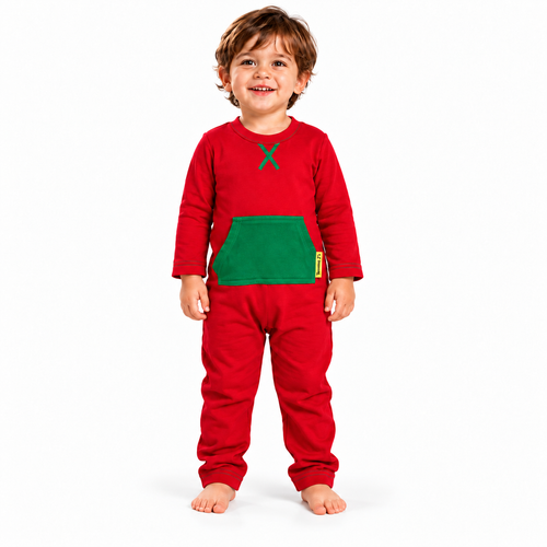 A smiling toddler standing against a plain white studio background, wearing a red long-sleeve one-piece outfit with a green chest pocket and a small green cross detail on the chest.