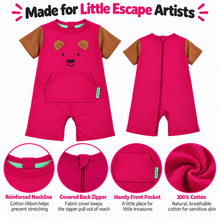 Bright pink short-sleeve baby romper shown front and back on a white background, with brown short sleeves, a bear face graphic on the front, a front pocket, and feature callouts including reinforced neckline, covered back zipper, handy front pocket, and 100% cotton.