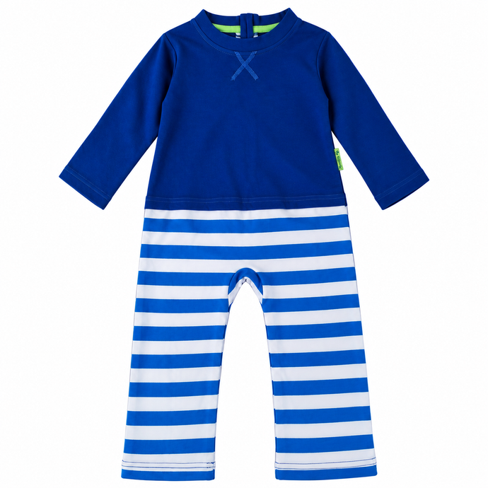A baby long-sleeve one-piece jumpsuit with a solid royal blue top and blue and white horizontal striped pants, shown flat on a white background.