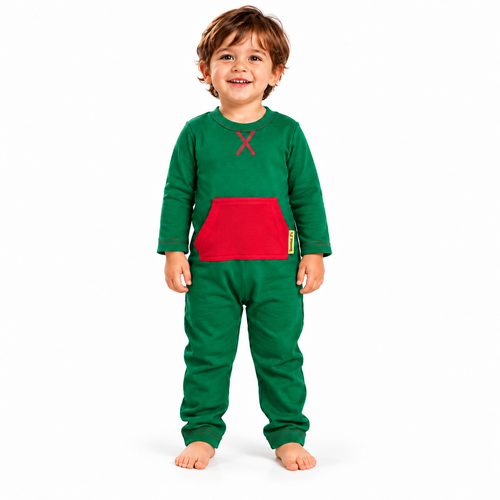 A smiling toddler standing against a white studio background, wearing a green one-piece pajama or sweatshirt with a large red front pocket and a small red embroidered X on the chest.