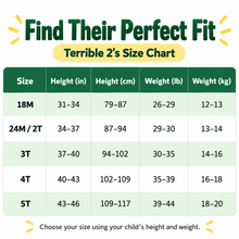 A size chart graphic titled 'Find Their Perfect Fit' and 'Terrible 2's Size Chart' with a table showing height and weight ranges by size for children's clothing.