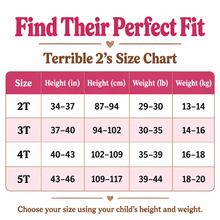 A size chart graphic titled 'Find Their Perfect Fit' and 'Terrible 2's Size Chart' with a table showing size 2T through 5T height and weight ranges in inches and pounds.