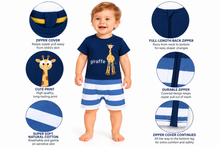 A toddler stands centered on a white background wearing a navy blue short-sleeve t-shirt and matching blue-and-white striped shorts. Around the child are six circular detail callouts showing product features: a zipper cover, cute giraffe print, full-length back zipper, durable zipper, super soft natural cotton, and zipper cover continuity.