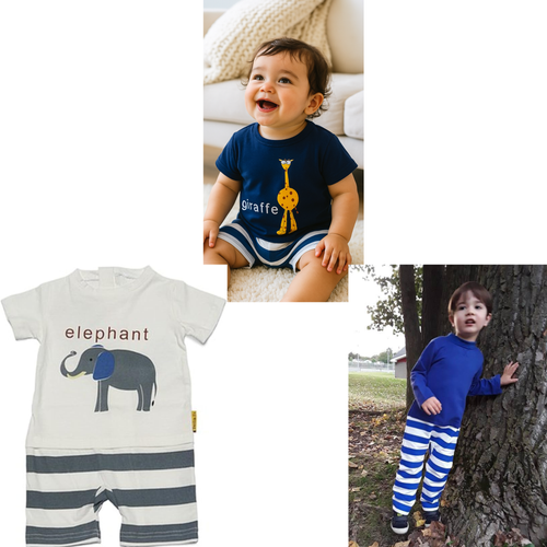 3 Strip-Proof One-Piece Giraffe Romper with a Back Zipper in Blue, White and Navy