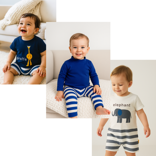 3 Strip-Proof One-Piece Giraffe Romper with a Back Zipper in Blue, White and Navy