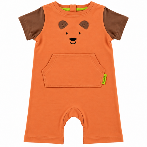 An orange baby romper with brown short sleeves, featuring a bear face graphic on the chest and a front kangaroo pocket, shown flat on a white background.