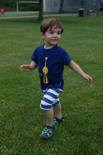 Toddler Boy in Strip Free One-Piece Giraffe Romper with a Back Zipper in Blue/White - Terrible 2's Solutions