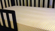 Fitted Crib Sheet with Ties white with yellow chevron stripes